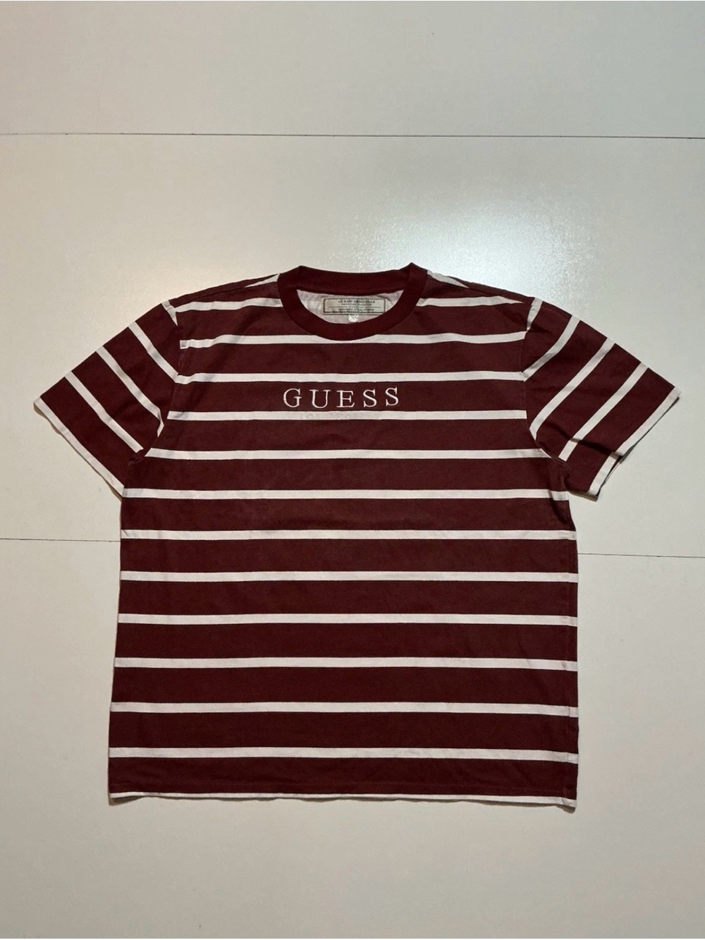 Guess Originals Los Angeles Maroon White Striped Embroidered S/S Classic T-Shirt
